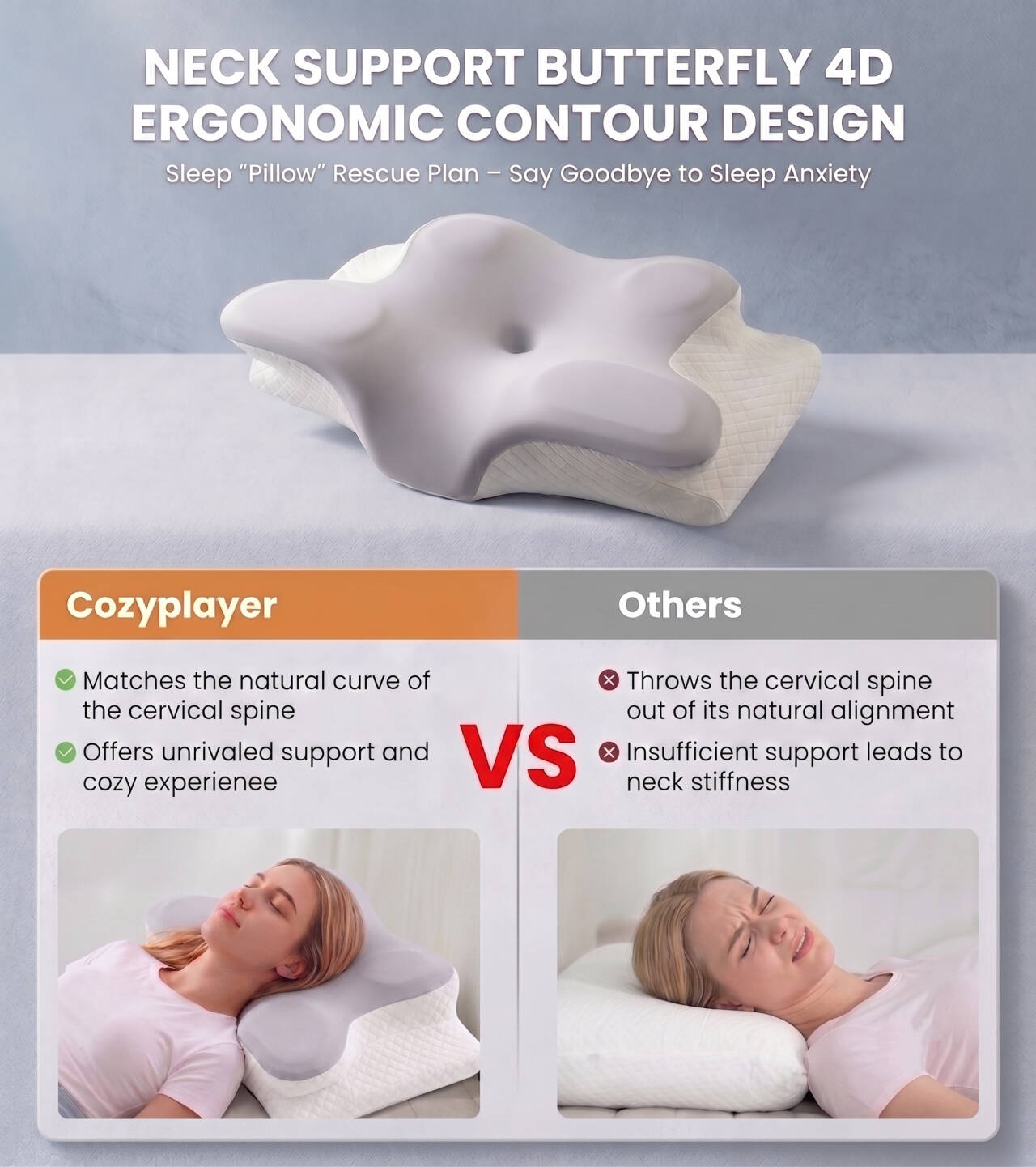 Cervical Neck Pillow for Neck Pain Relief - Ergonomic Side Sleeper Pillow