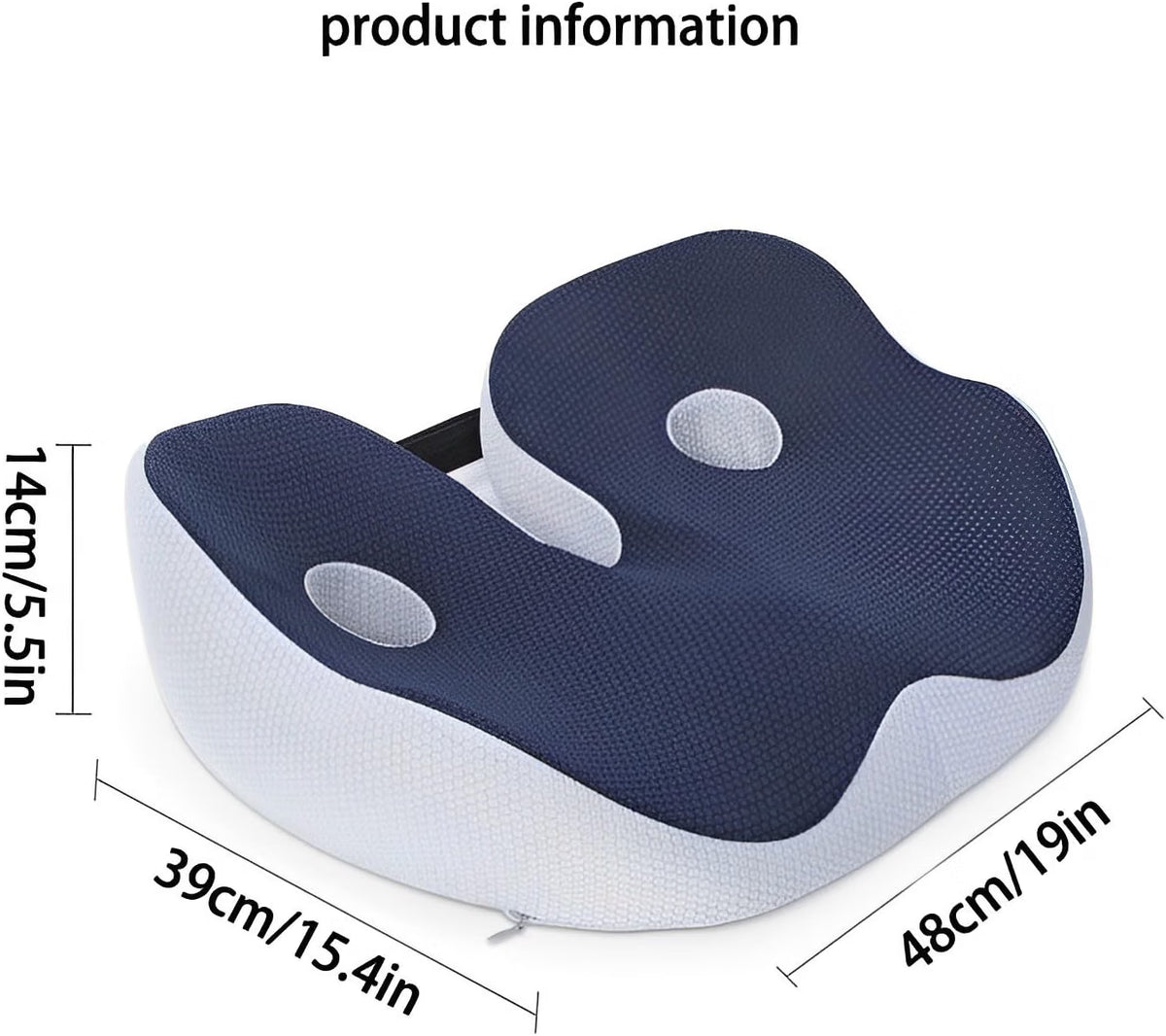 Size diagram showing the seat cushion's dimensions: 19 in length, 15.4 in width, and 5.5 in height