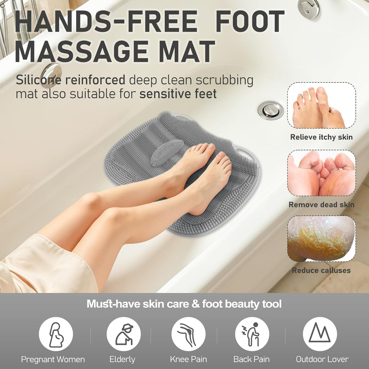 Silicone Foot & Back Scrubber for Shower, Non-Slip Hands-Free Foot Massager Mat with Arch Support, Dead Skin Exfoliator for Whole Family