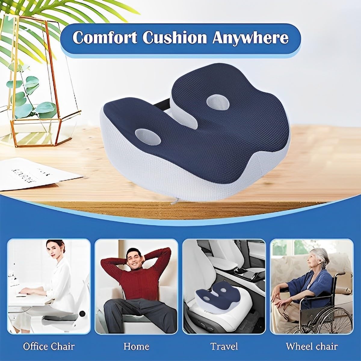 Lifestyle illustration showing the seat cushion used on an office chair, sofa, car seat, and wheelchair