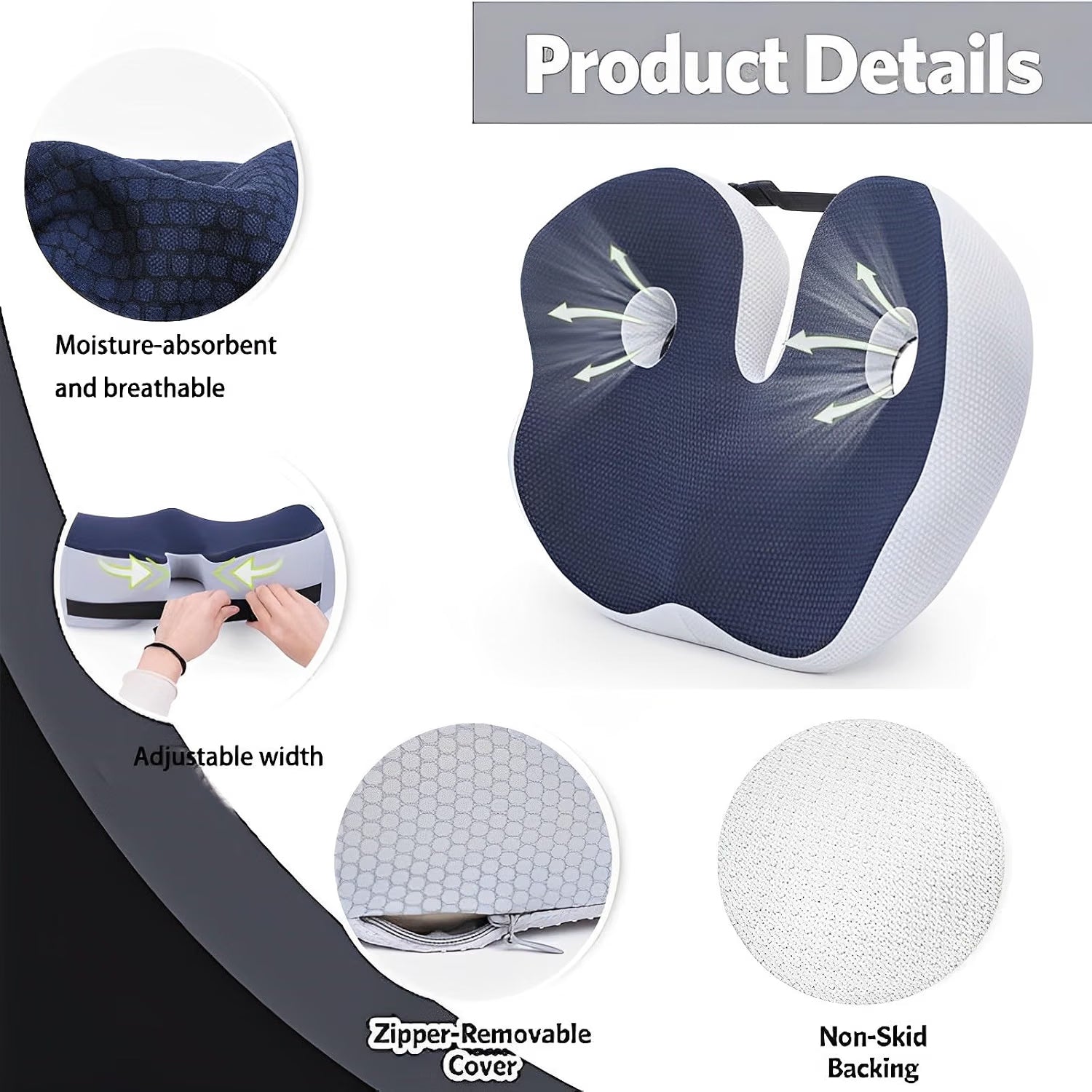 Detail collage of the breathable moisture-wicking fabric, adjustable strap, zippered cover, and non-slip base