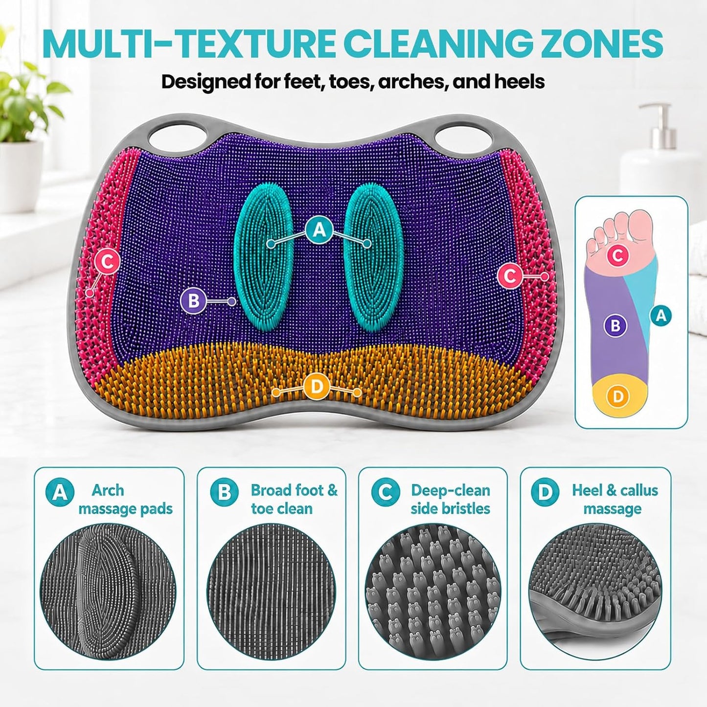 Silicone Foot & Back Scrubber for Shower, Non-Slip Hands-Free Foot Massager Mat with Arch Support, Dead Skin Exfoliator for Whole Family